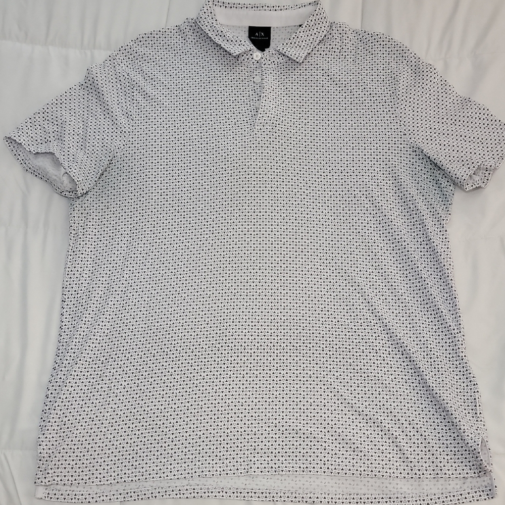 Men's White and Black Patterned Polo Shirt